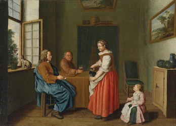 Interieur mit zwei Männern am Tisch und einer Magd, die sie bedient